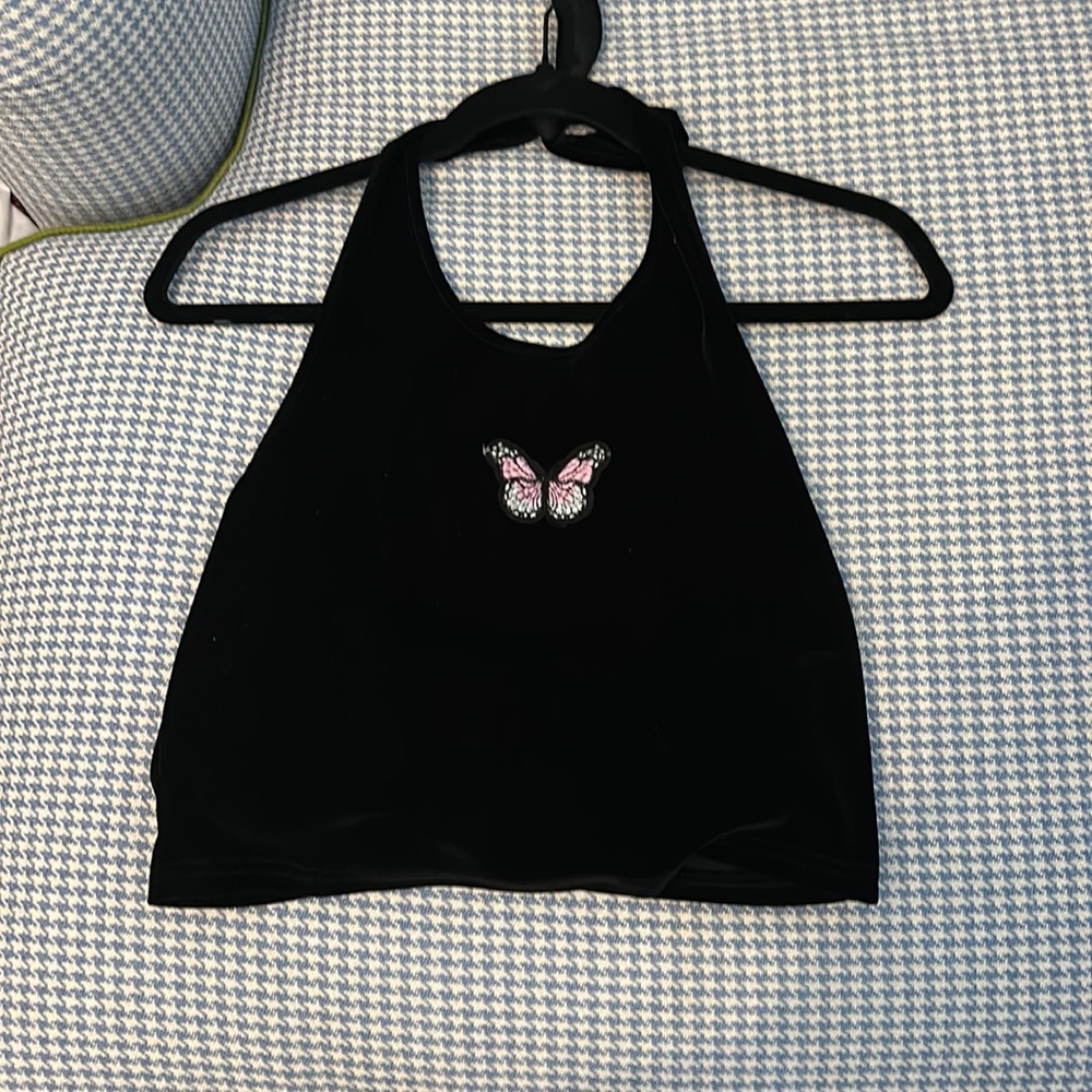 Pink butterfly black velvet halter top size S/M